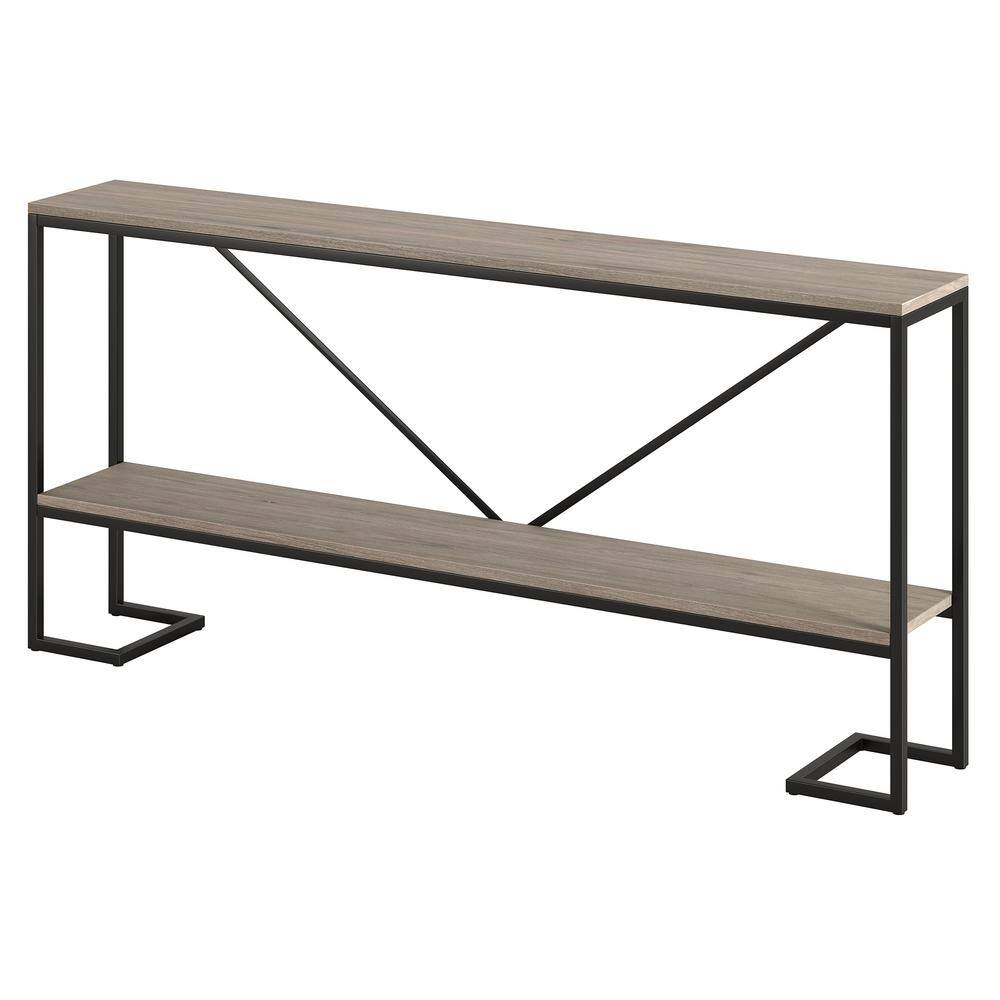 Farmhouse V-Back 64" Blackened Bronze & Antiqued Gray Oak Console Table with Shelf