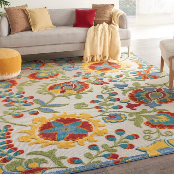 Aloha Ivory/Multicolor 9 ft. x 12 ft. Floral Contemporary Indoor Outdoor Area Rug