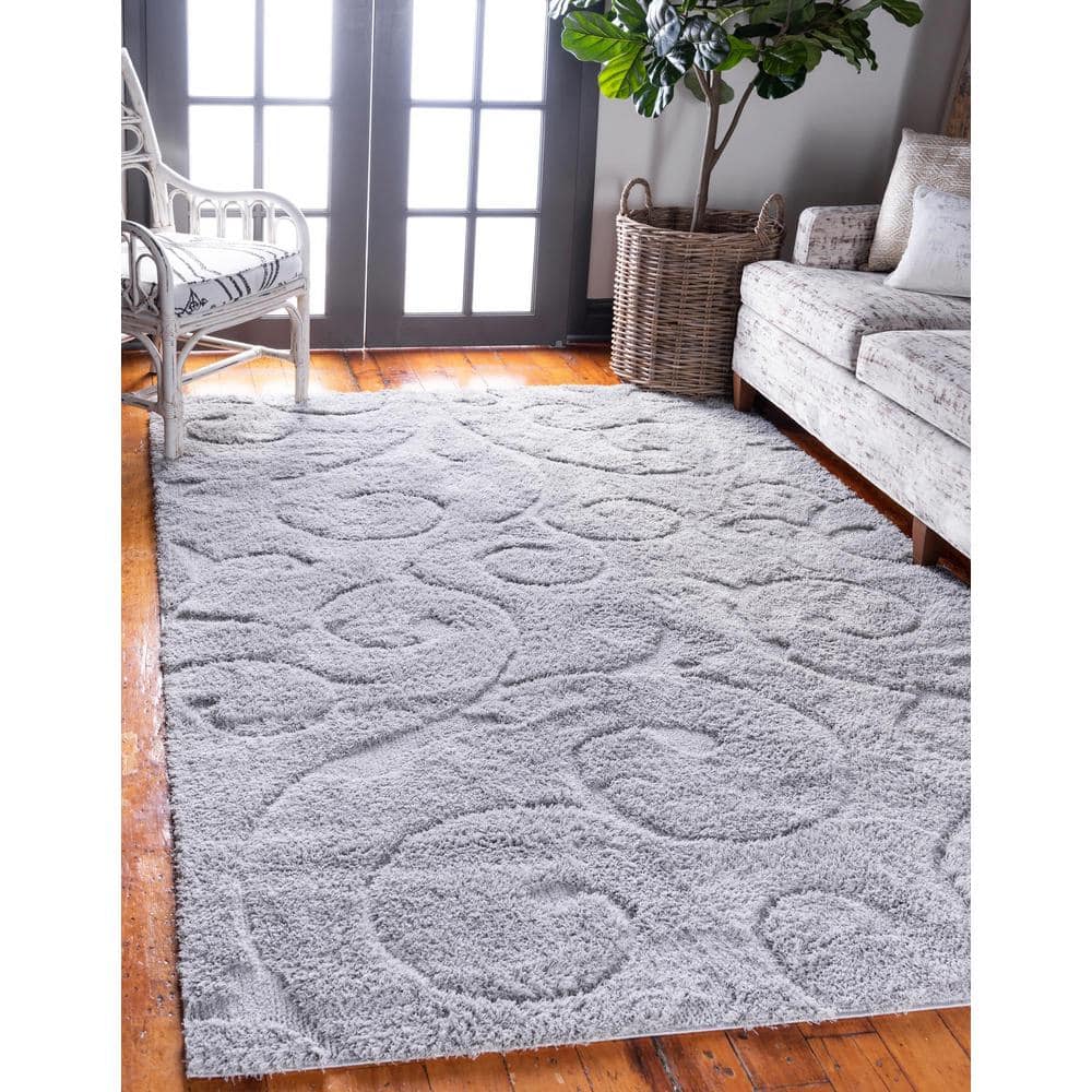 Gray Floral Vine Shag Rug, 4' x 6', Easy-Care Synthetic