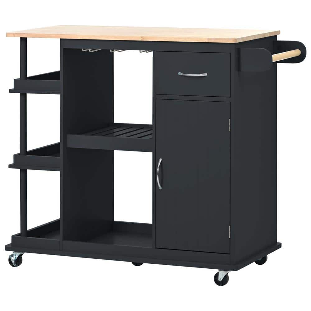 Black Wood 40 in. Kitchen Island with Rubber Wood Top, Adjustable ...