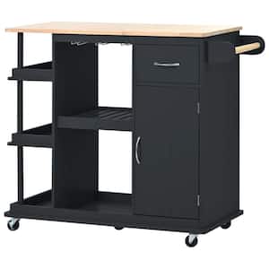 Black Wood 40 in. Kitchen Island with Rubber Wood Top, Adjustable Storage Shelves, 5-Wheels