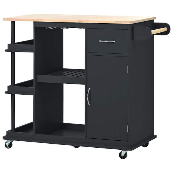 Unbranded Black Wood 40 in. Kitchen Island with Rubber Wood Top, Adjustable Storage Shelves, 5-Wheels