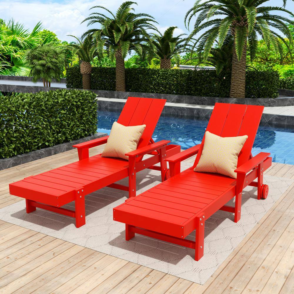 Red Poly All-Weather Chaise Lounge Set with Arms and Wheels