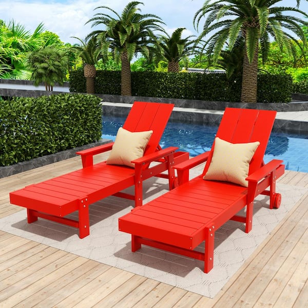 Shoreside 2-Piece Red Fade Proof Plastic Portable Poly Reclining Outdoor Patio Chaise Lounge Arm Chairs with Wheels
