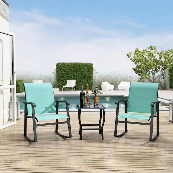FUFU&GAGA 3-Piece Metal Frame Textilene Patio Conversation Chair Set in Blue with Glass Table, For Outdoor, Pool, Garden