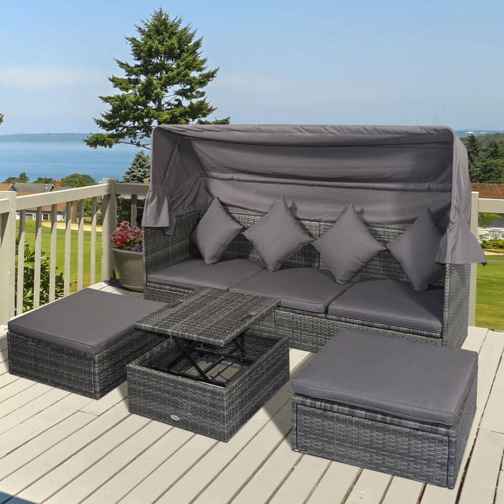 Gray Steel 4-Piece Outdoor Rattan Sofa Set with Adjustable Canopy