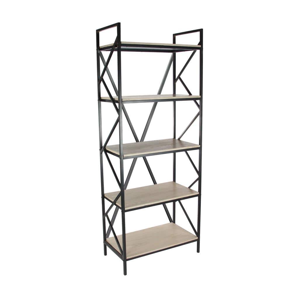 Industrial Brown Wood and Black Metal 5-Tier Étagère