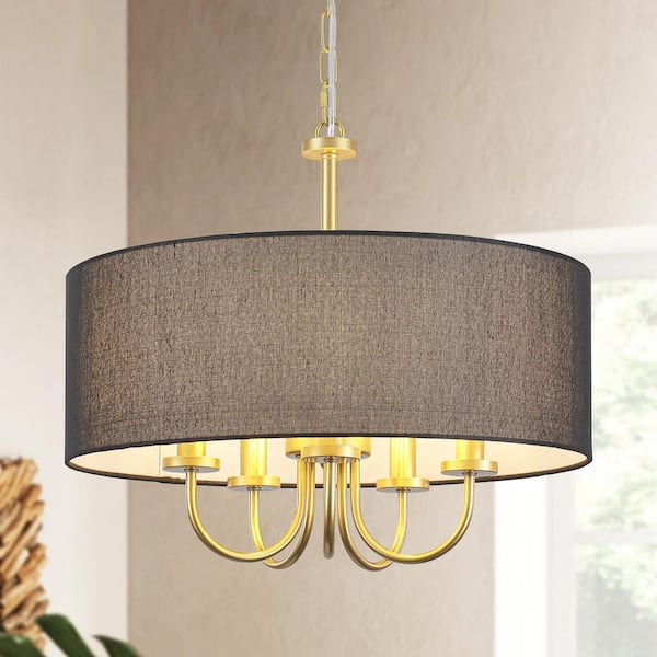 5-Light Modern Gold Drum Candlestick Island Chandelier Pendant Light with Black Fabric Shade