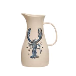 64 fl. oz. White and Blue Stoneware Pitcher with Lobster Print