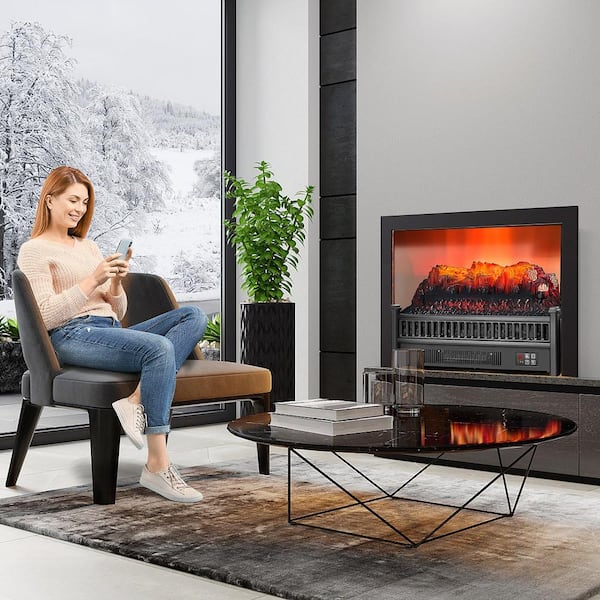 23 in. Freestanding Metal Electric Fireplace TV Stand Log Set Heater in Black with Remote Control Realistic Flame 1400W