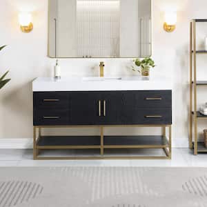 Bianco 60 in. W x 22 in. D x 34 in. H Double Sink Bath Vanity in Black Oak with White Composite Stone Top