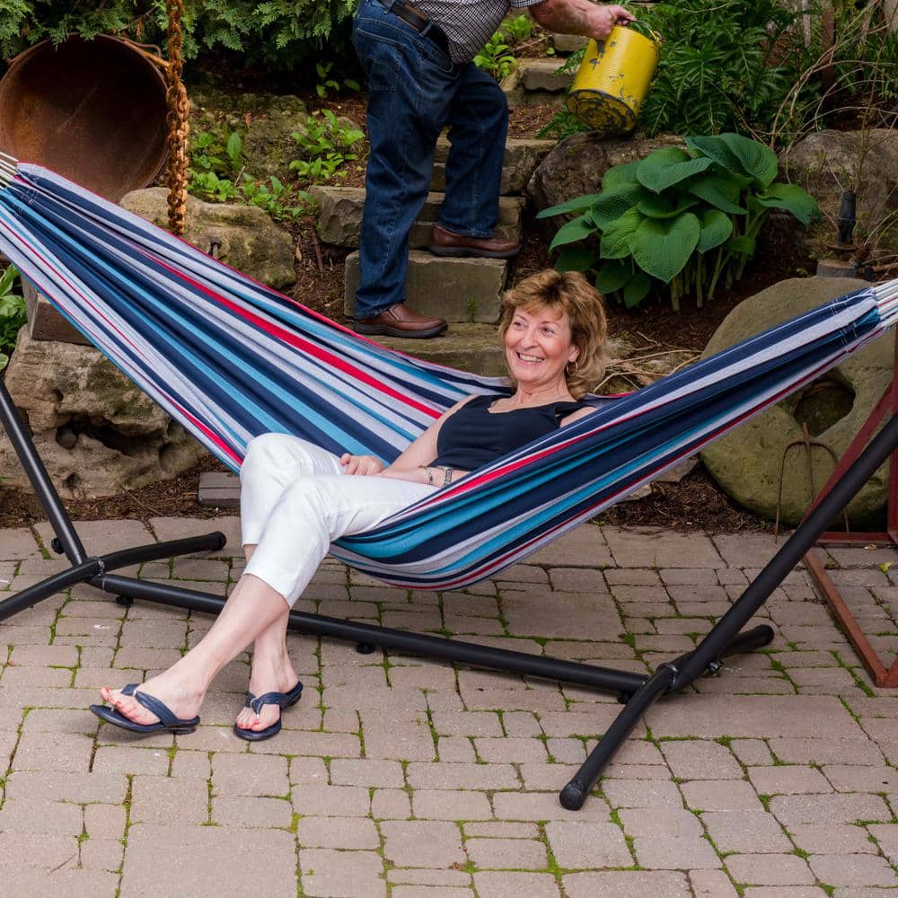 Denim Striped Cotton Double Hammock with Steel Stand