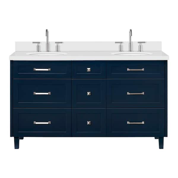 ARIEL Monroe 60 in. Double Sink Freestanding Bathroom Vanity in Midnight Blue with Pure White Quartz Top