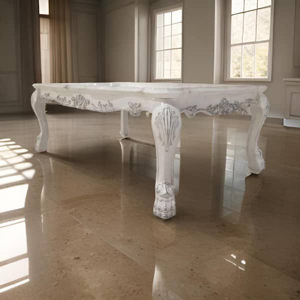 Benjara Ally 54 in. White and Silver Rectangle Wood Coffee Table with Classic Ornate Scrollwork Polyresin