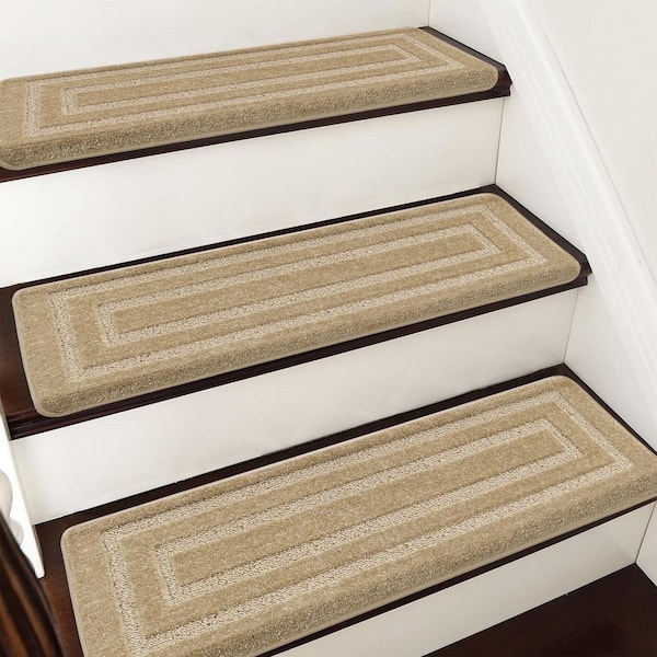 PURE ERA Rectangular Khaki 9.5 in. x 30 in. x 1.2 in. Bullnose Indoor Non-slip Carpet Stair Tread Cover Tape Free (Set of 14)