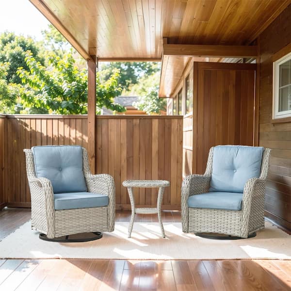 Opohoro ArcoBay 3-Piece Light Beige Wicker Swivel Outdoor Rocking Chairs Patio Conversation Set with Olefin Baby Blue Cushions