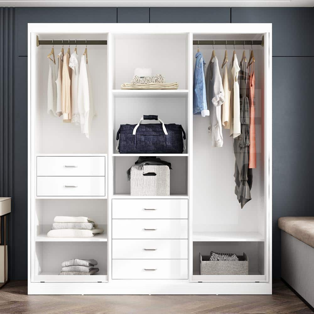 FUFU&GAGA White Wooden 70.8 in. W Bedroom Armoires, Wardrobe with 6 ...