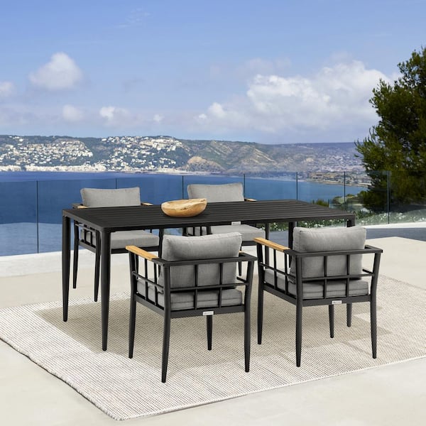 Armen Living Beowulf Black 5-Piece Aluminum Outdoor Dining Set with Dark Grey Cushions