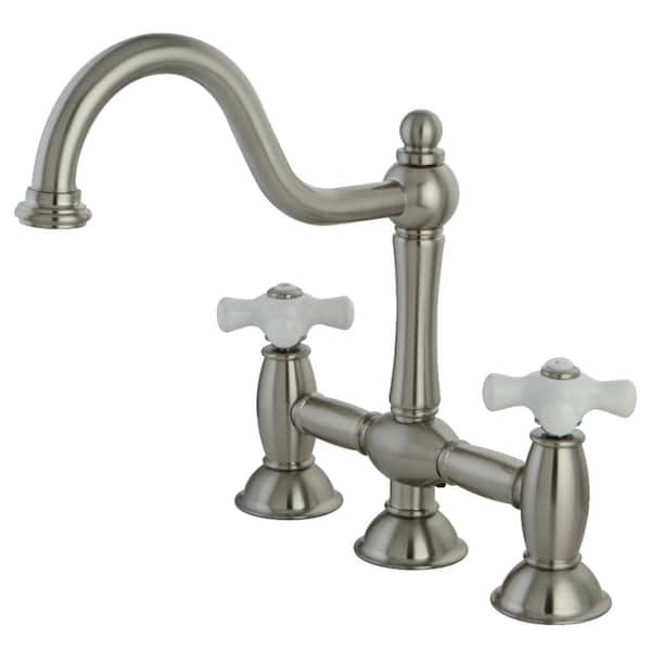 Kingston Brass Restoration 2-Handle Bridge Kitchen Faucet in Brushed Nickel