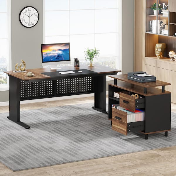 TribeSigns L Shaped Desk with 2 Drawers, 55 Inch Executive Office Desk with Cabinet Storage Shelves, Brown