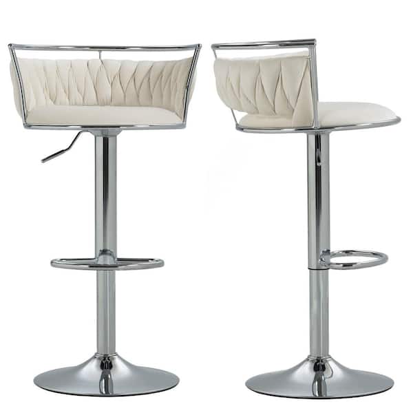 Uixe 38.7 in. Swivel Adjustable Height Low Back Silver Metal Frame Bar Stool with Ivory Velvet Seat Cushion(set of 2)