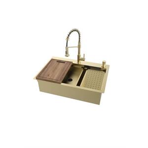 Stainless Steel Gold 33 in. 18-Gauge Single Bowl TopMount Kitchen Sink Workstation with Waterfall Shower