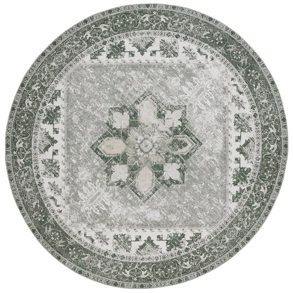 Tuscon Dark Sage/Ivory 6 ft. x 6 ft. Machine Washable Border Distressed Round Area Rug