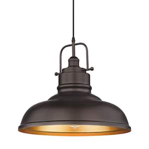 1-Light Oil Rubbed Bronze Large Shaded Pendant Light with Metal Shade, No Bulbs Included