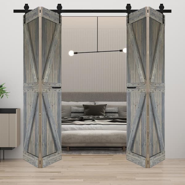 K Style 72in.x84in. (18''x84''x 4Panels)Aged Barrel Solid Wood Bi-Fold Barn Door With Hardware Kit-Assembly Needed