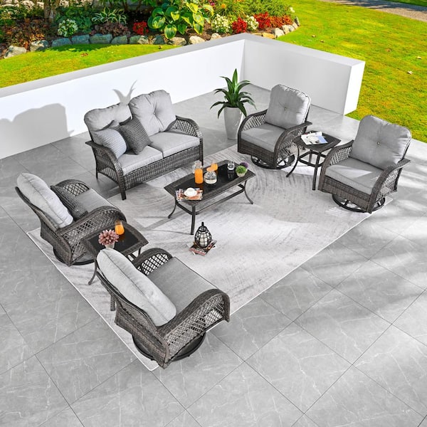 Patio Festival 8-Piece Wicker Patio Conversation Set with Gray Cushions