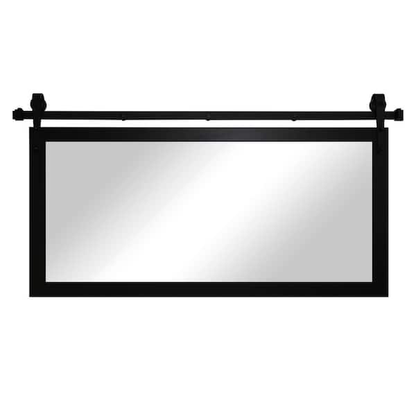 (60 in. W x 31 in. H) Black Accent Mirror With Steel Barn Door Rail