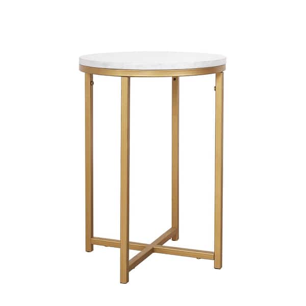 HAWOO 14 in. Gold Round Marble Top Side End Table