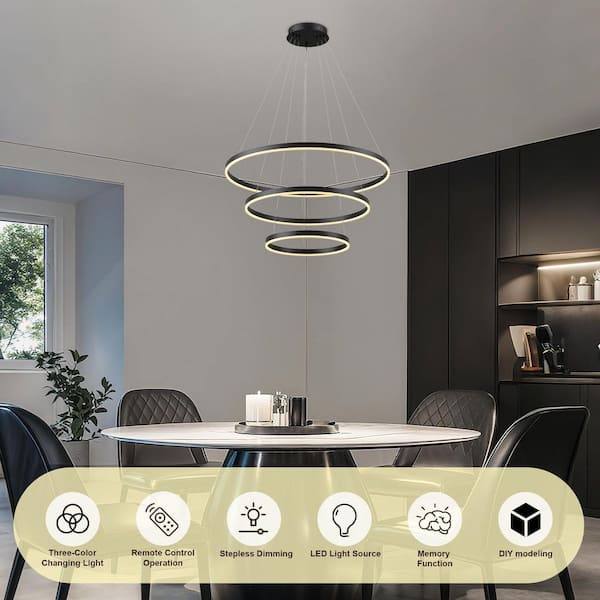 31 in. 3-Light Rings Circle Modern Dimmable Black Integrated LED Chandelie Geometric Adjustable Styling Tiered, Remote