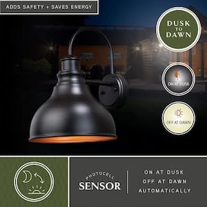 Delano 1-Light Dusk to Dawn Bronze Gold Farmhouse Barn Dome Outdoor Wall Lantern Sconce