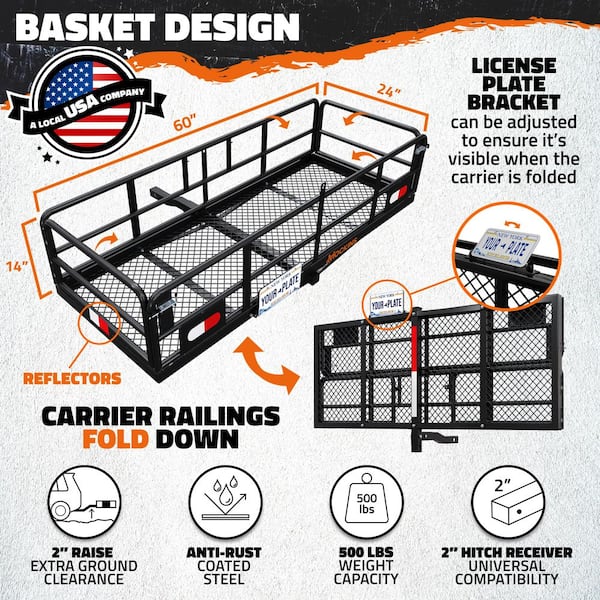 500lb. Cap. 60 in. x 24 in. x 14 in. Rustproof High Rail Hitch Mount Cargo Carrier Basket - License Holder, 2 in. Raise