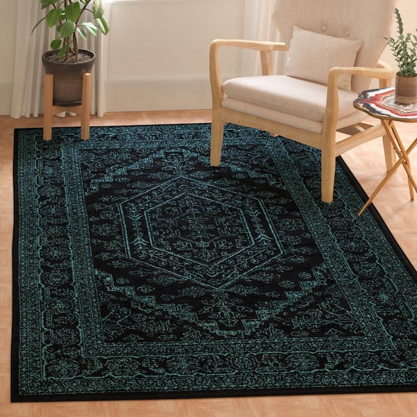 Adirondack Black/Teal 4 ft. x 4 ft. Border Medallion Square Area Rug