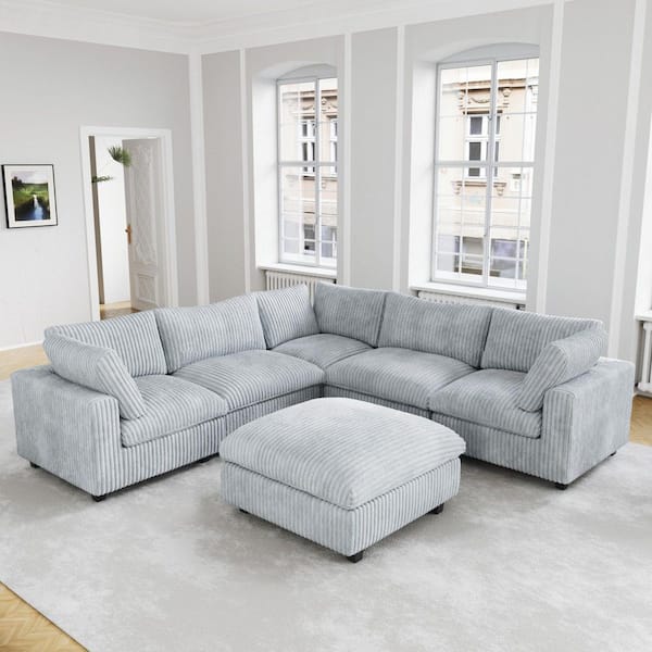 Oversized 118 in. Square Arm Velvet V-Shaped Modular Convertible Sofa Cloud Couch with Ottoman, Washable Covers in. Gray