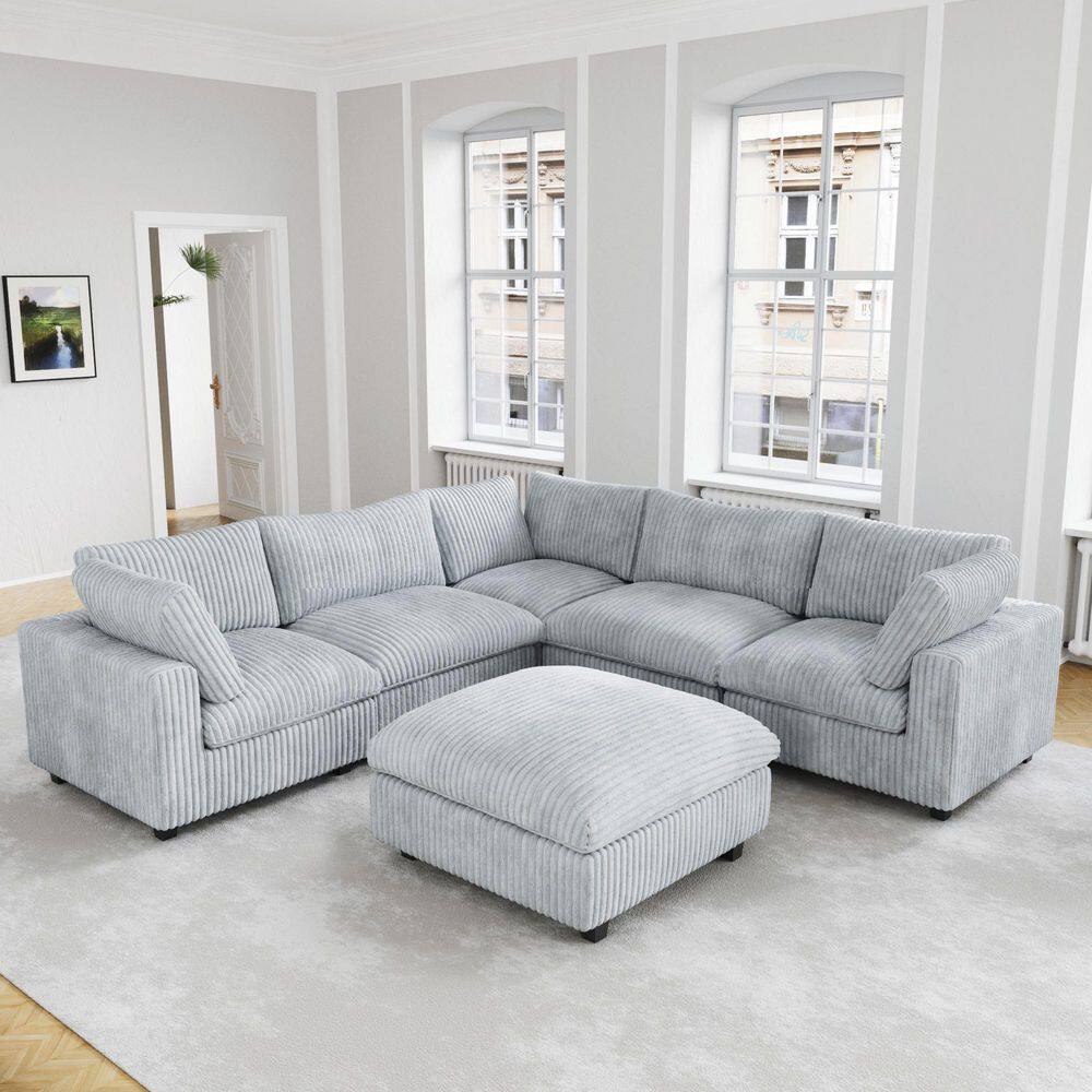 Lawson Cloud Couch 118 in. Square Arm Velvet Solid Wood Modular Convertible Sofa with Ottoman, Washable Covers in. Gray