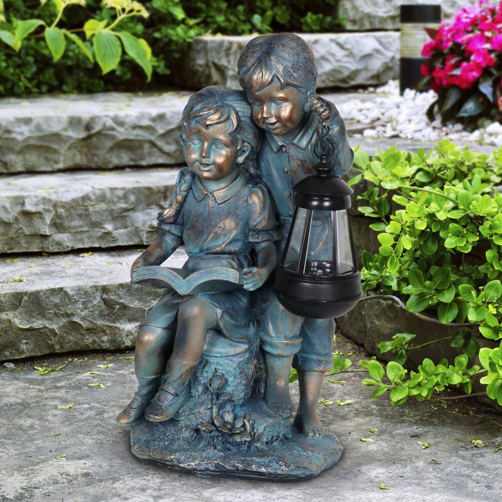 Solar Faux Bronze Girl and Boy Garden Statue with LED Lantern