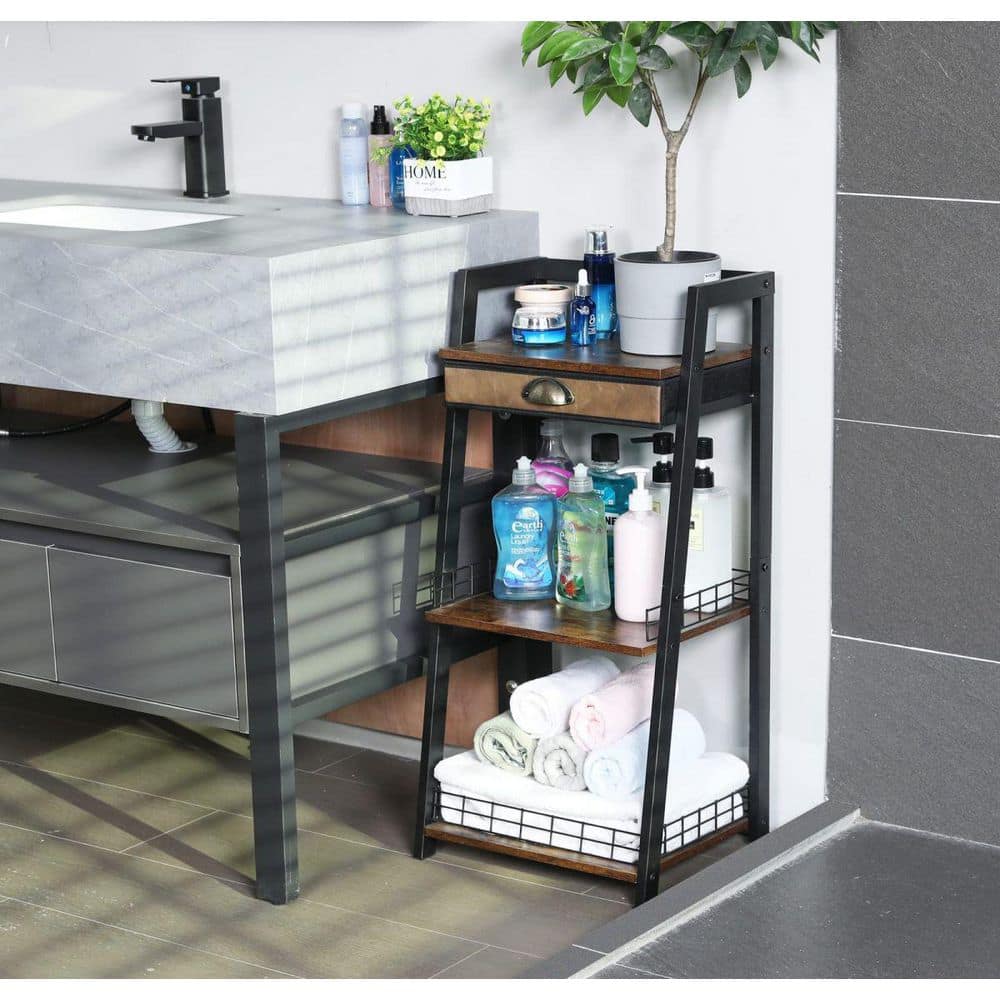 Rustic Brown 3-Tier Freestanding Ladder Shelf with Drawer