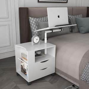2-Drawer White Height Adjustable Overbed End Table Wooden Nightstand with Swivel Top, Wheels and Open Shelf