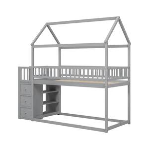 Gray Twin Size Bunk Bed with Drawers and Shelves