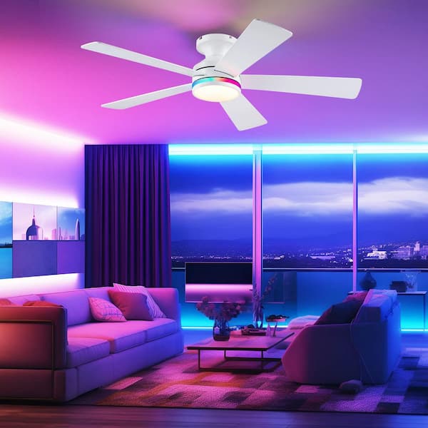 46 in. Indoor/Outdoor Flush Mount White Ceiling Fan with RGB Color LED Light and Remote/APP Control
