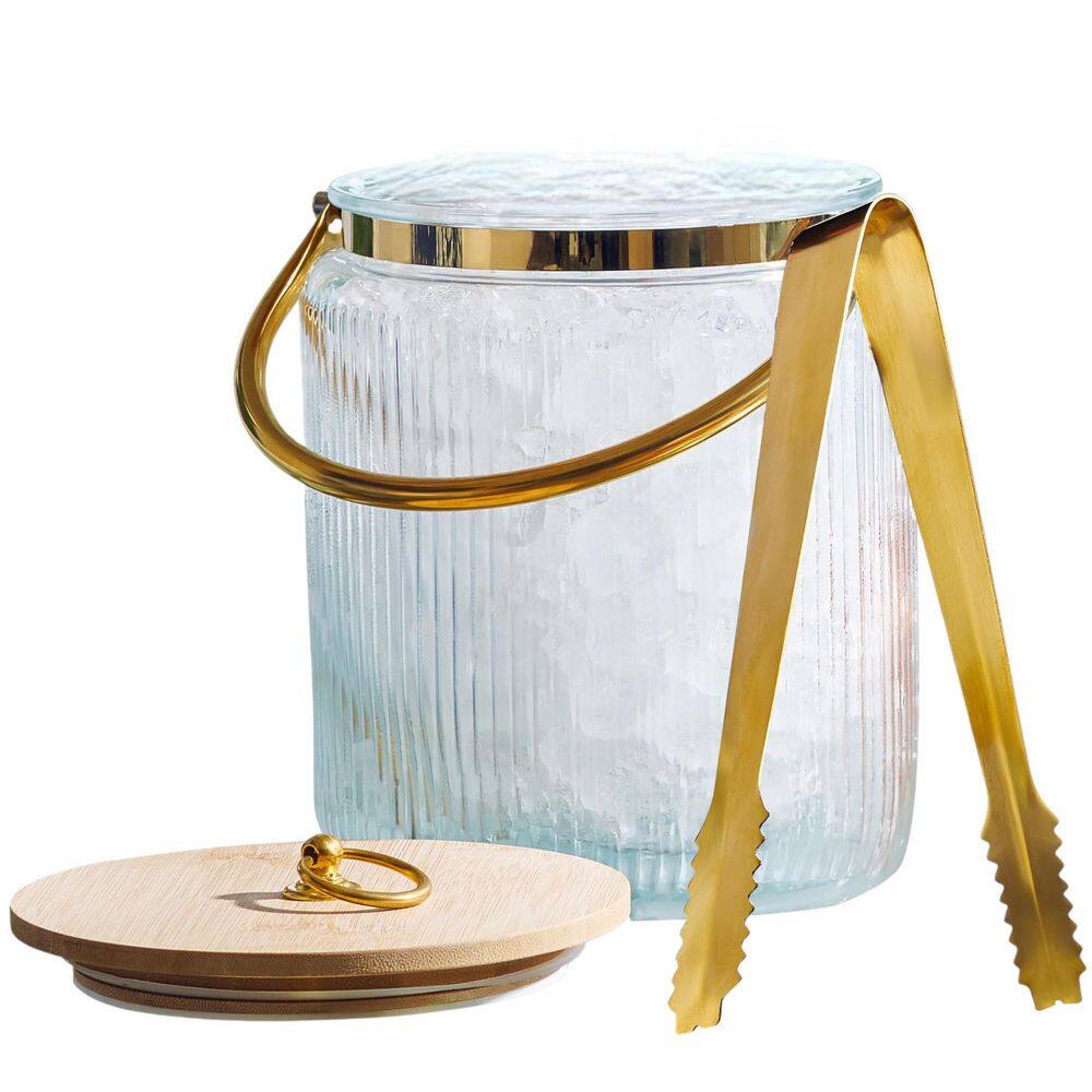 Ribbed Glass Ice Bucket-7 in. Diameter, 3 Qt. Capacity, Clear with Gold Acc