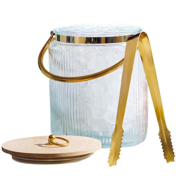 Adrinfly Ribbed Glass Ice Bucket-7 in. Diameter, 3 Qt. Capacity, Clear with Gold Accents with Airtight Lid, and Ice Tong