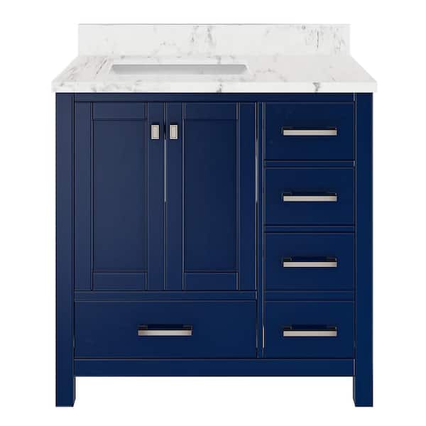 VANITYFUS Solid Wood 36 in. W x 22 in. D x 39.3 in. H Single Sink Bath Vanity in Navy Blue with Carrara White Natural Marble Top