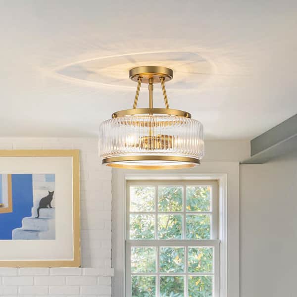 11.8 in. 3-Light Drum Brushed Gold Semi Flush Mount with Ribbed Glass for Living Room Kitchen Foyer Dining Room