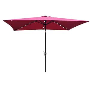 10 ft. x 6.5 ft. Rectangular Solar LED Lighted Outdoor Market Umbrellas with Crank and Push Button Tilt in Burgundy