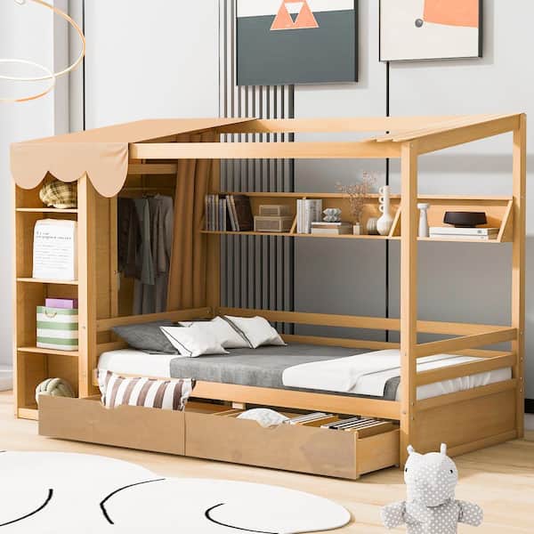 Harper & Bright Designs Multi-Functional Natural Twin Size House Bed with Curtain Fabric Design, 2-Drawers, Wardrobe, Storage Shelves