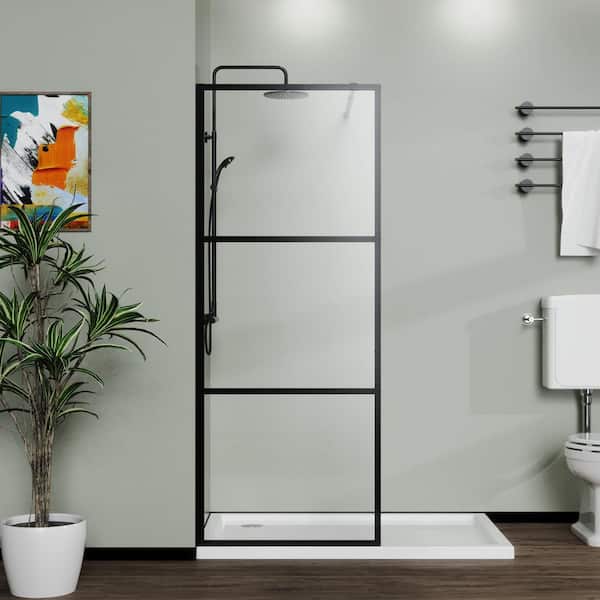 LORDEAR 34 in. W x 72 in. H Black Framed Fixed Single Panel Shower Door with Pattern Glass